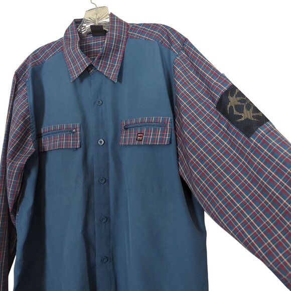 Bugle Boy Plaid Men's Vintage Blue Shirt M Patchwork Long Sleeve Retro Y2K - Picture 4 of 16